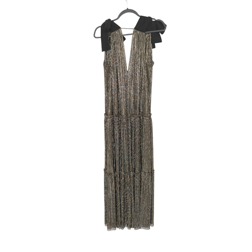 Sabina Musayev XL Ray Bow Maxi Dress Gold V Neck Tiered Disco Glam Party Evening - Picture 2 of 7
